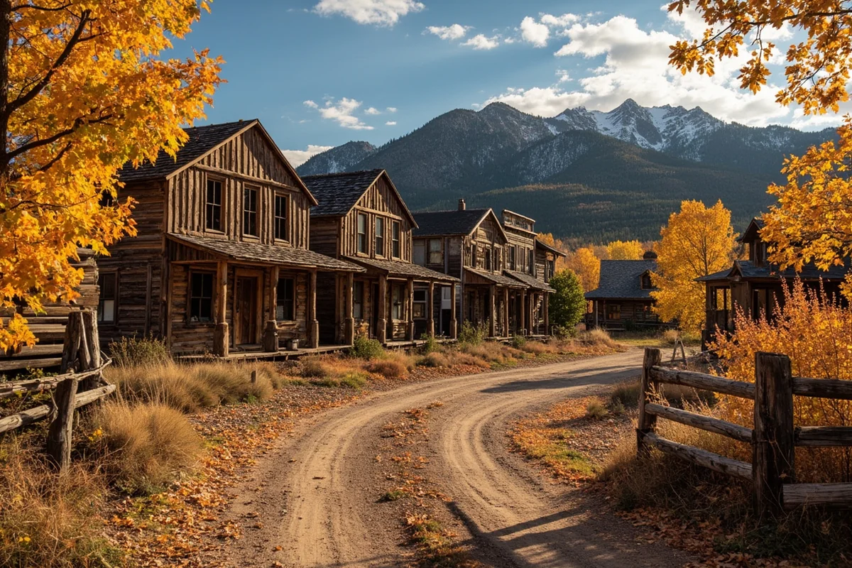 Weathered wooden buildings at Elkhorn Ghost Town surrounded by fall colors