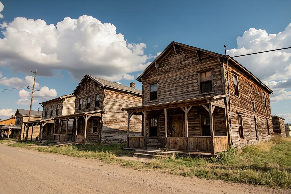 Weathered wooden buildings of Bannack Ghost Town against Montana sky