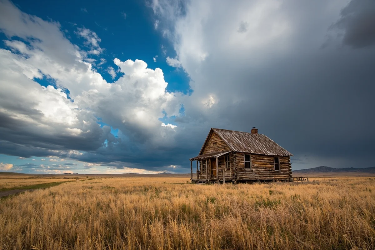 Weathered wooden homestead cabin on Montana prairie with dramatic Big Sky backdrop