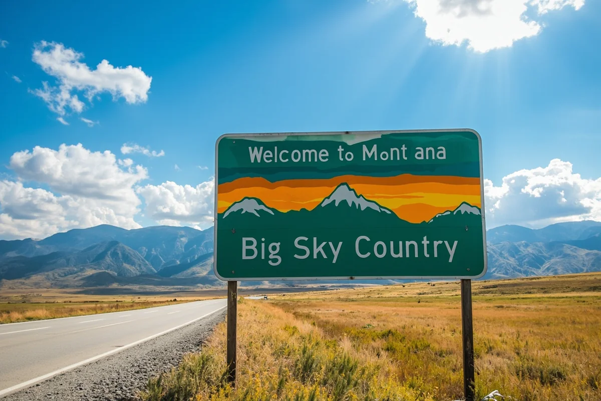 Welcome to Montana road sign with Big Sky Country landscape in background