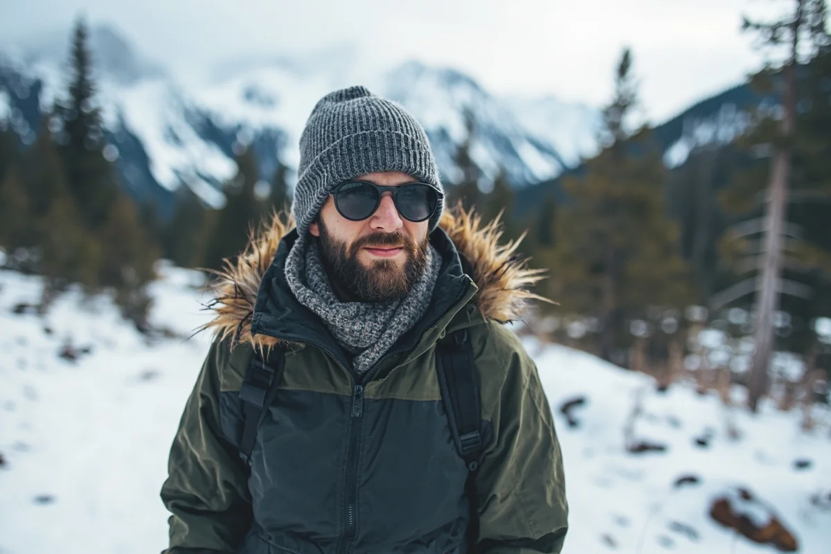 Well-dressed hiker in layered winter gear on a snowy Montana trail with mountains in background
