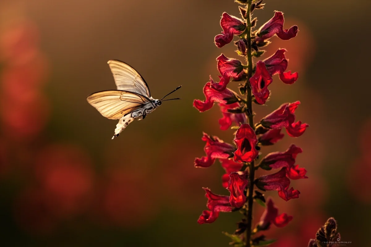 White-lined sphinx moth hovering at red penstemon flowers at dusk, with wings blurred from rapid movement