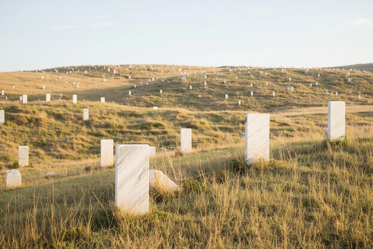 White marble headstones scattered across grassy hills at Little Bighorn Battlefield