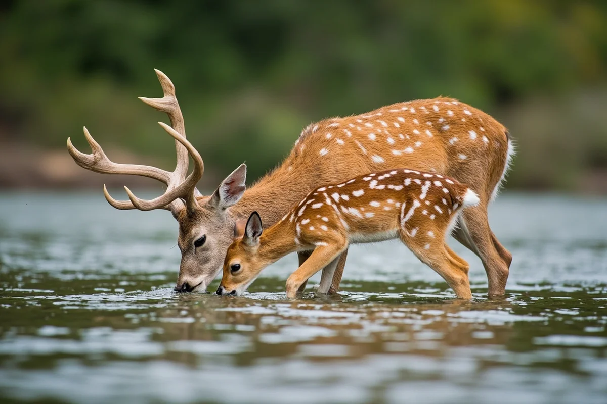 White-tailed deer doe with spotted fawn drinking from a Montana river