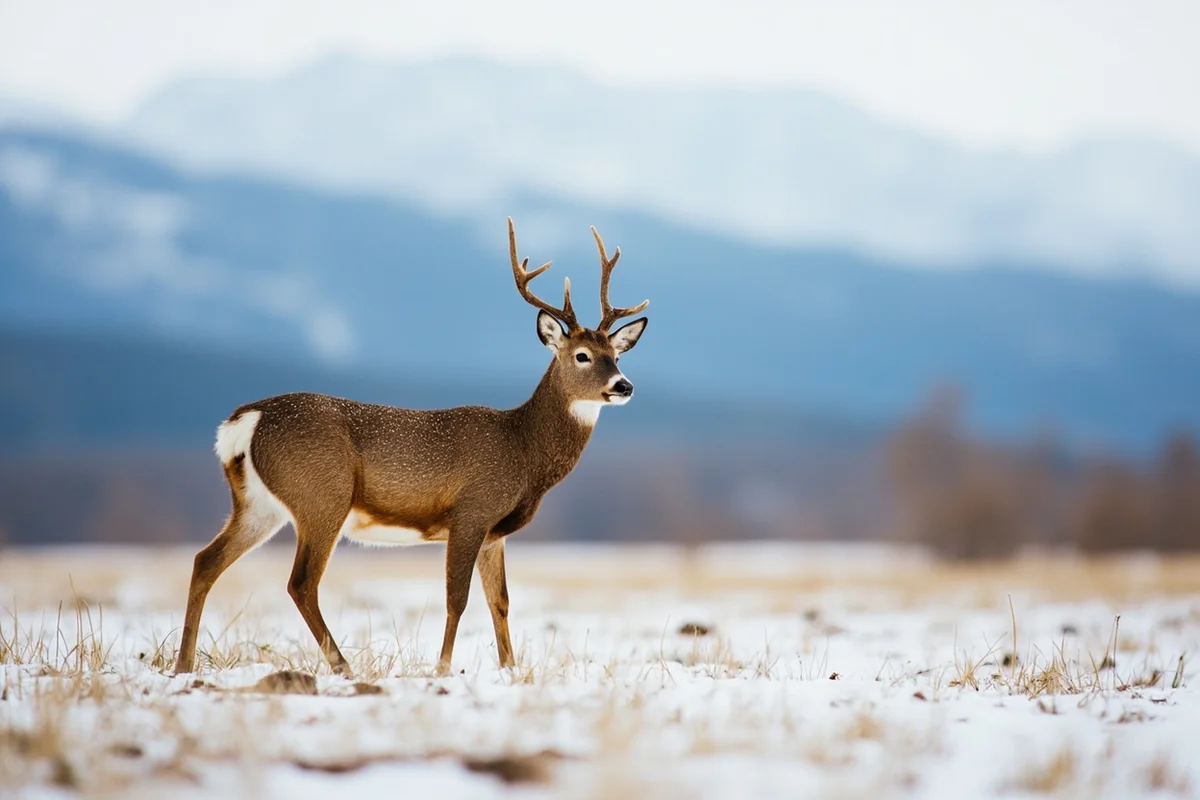 White-tailed deer in snowy Montana meadow with mountain backdrop
