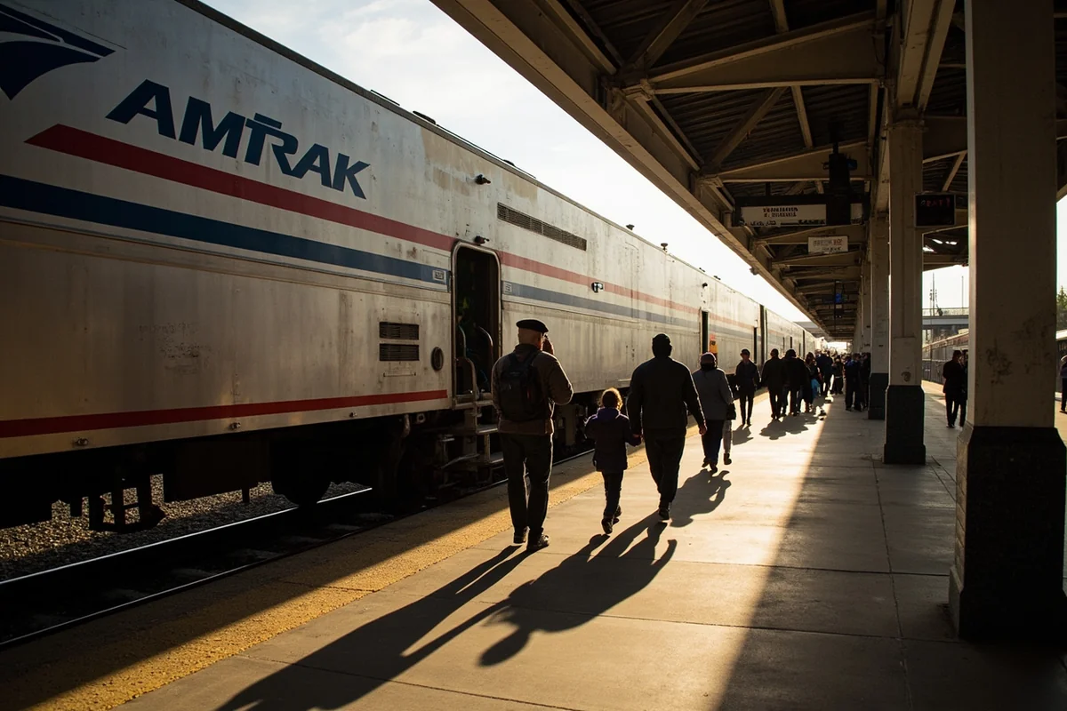 Whitefish Amtrak station platform with passengers boarding the Empire Builder