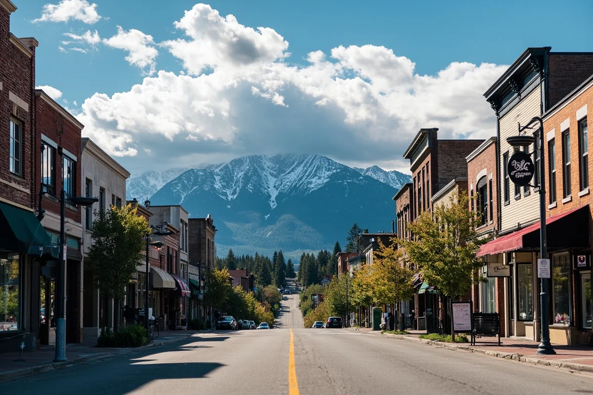 Whitefish downtown Central Avenue with mountain backdrop and vintage storefronts