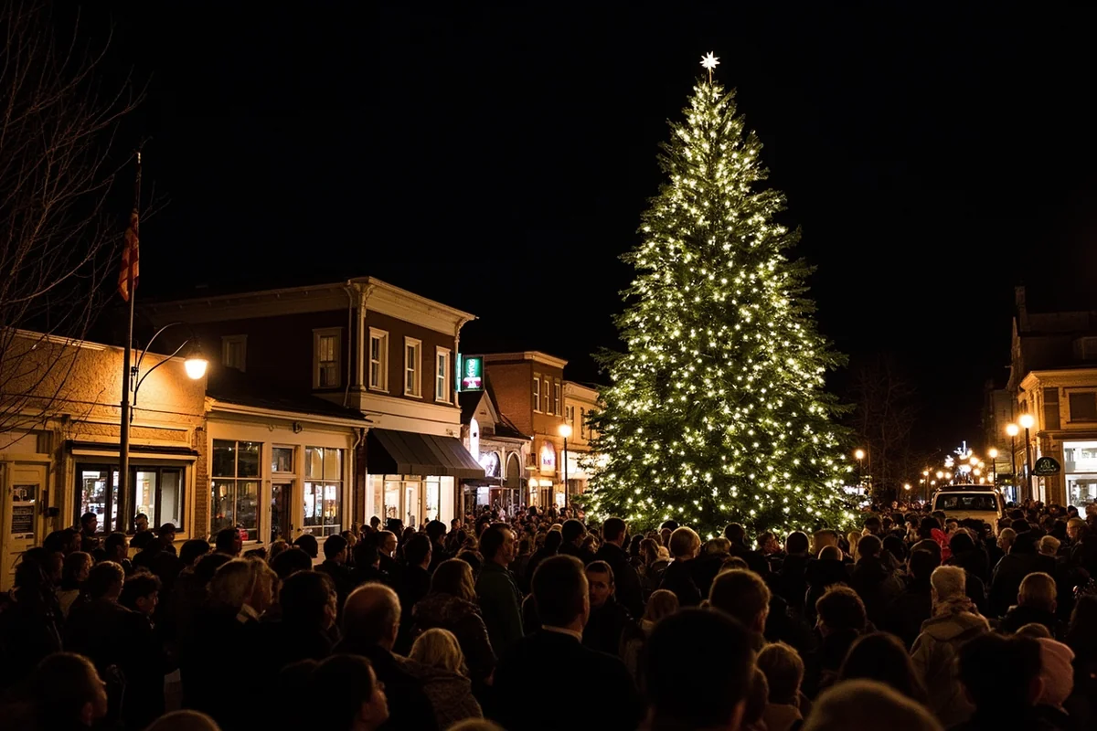 Whitefish downtown Christmas tree lighting ceremony with crowds gathered