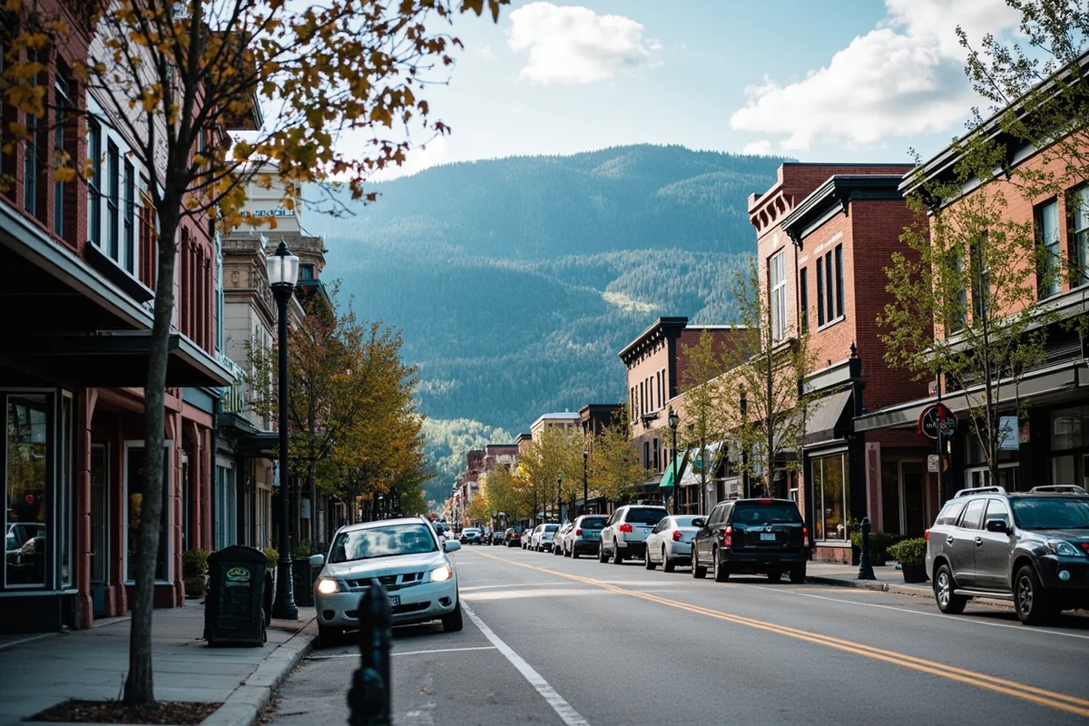Whitefish downtown street scene with mountain backdrop and local shops