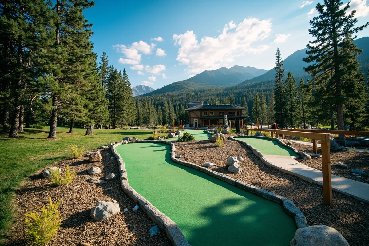 Whitefish mini golf course with pine trees and mountain views