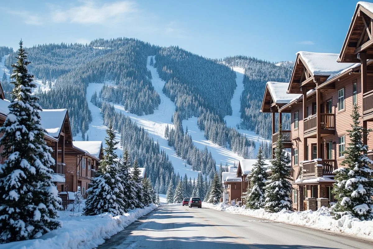 Whitefish Mountain Resort base village with snow-covered condos and ski runs visible behind
