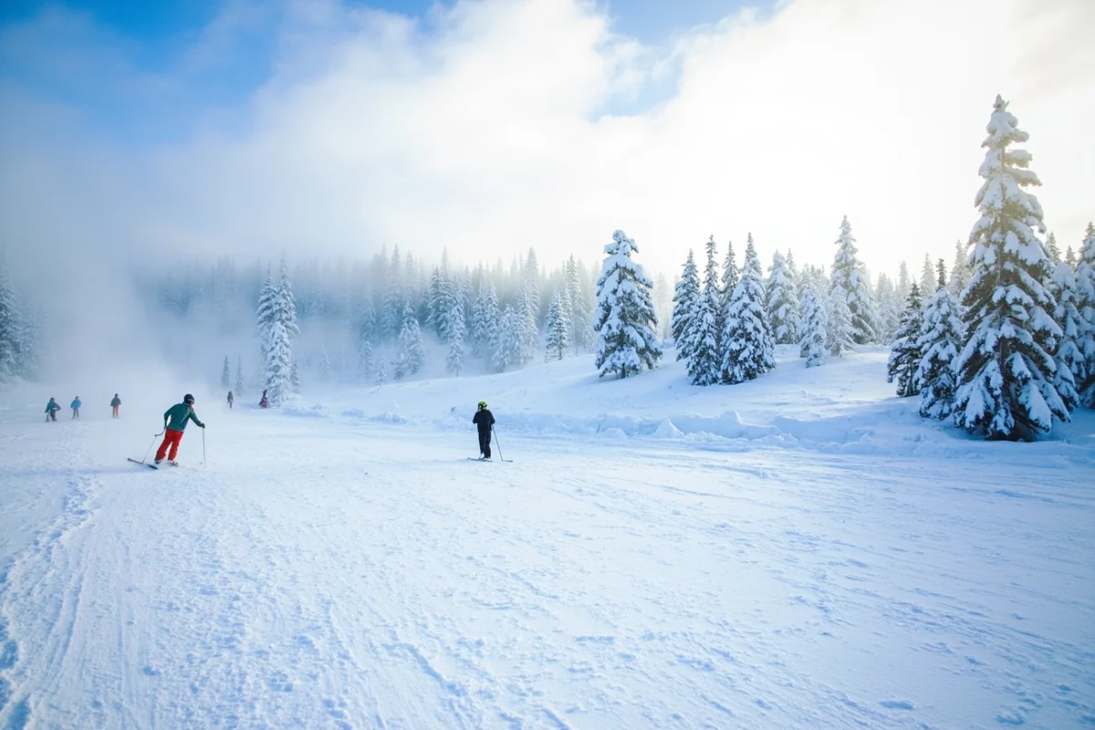 Whitefish Mountain Resort covered in fresh powder with skiers on slopes