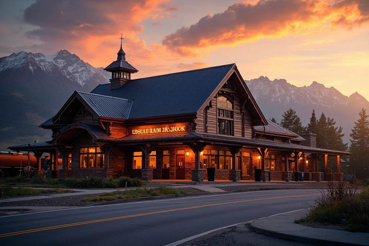 Whitefish train station exterior with mountain backdrop at sunset