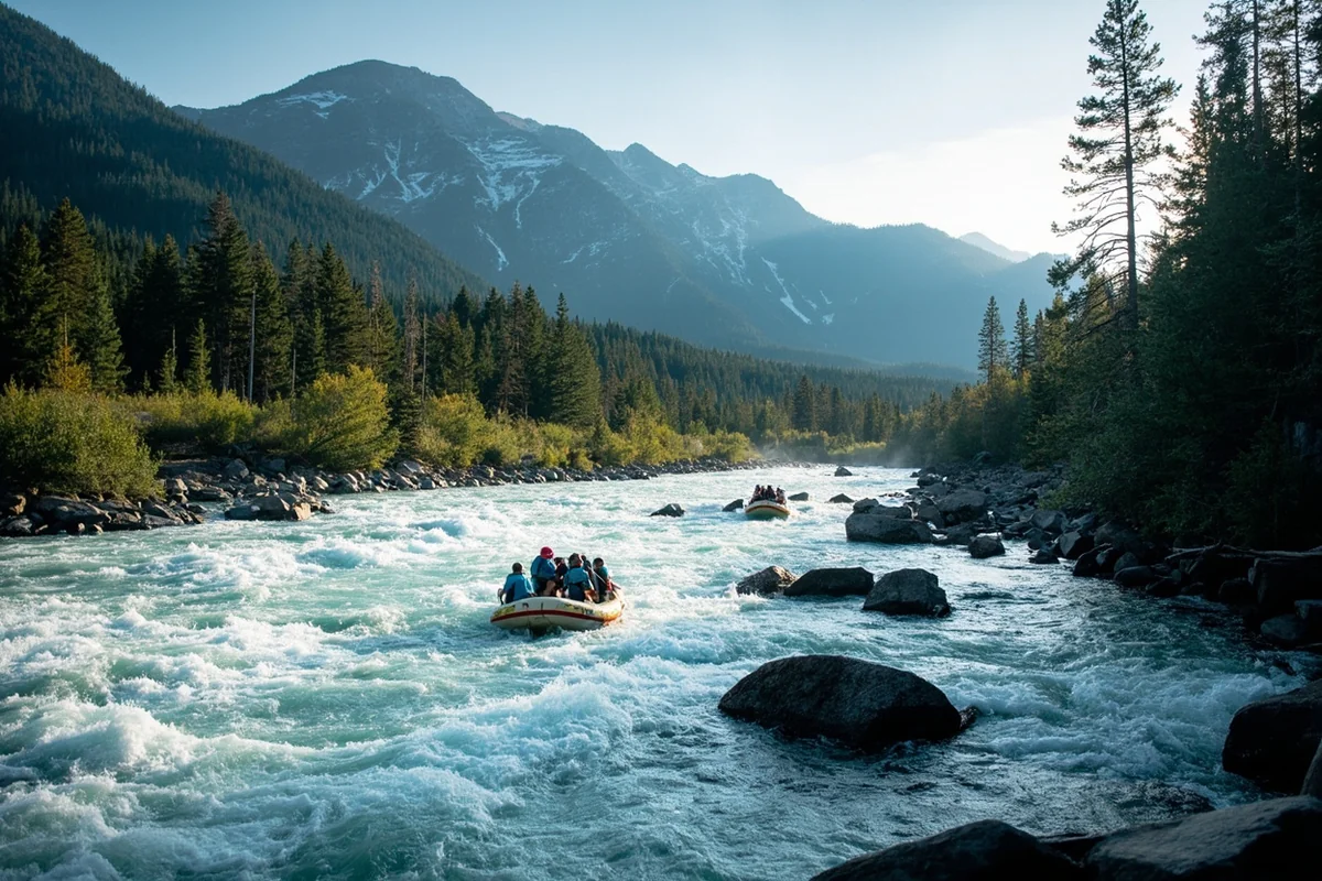Whitewater rafters navigating rapids on the Gallatin River with forested mountains surrounding them