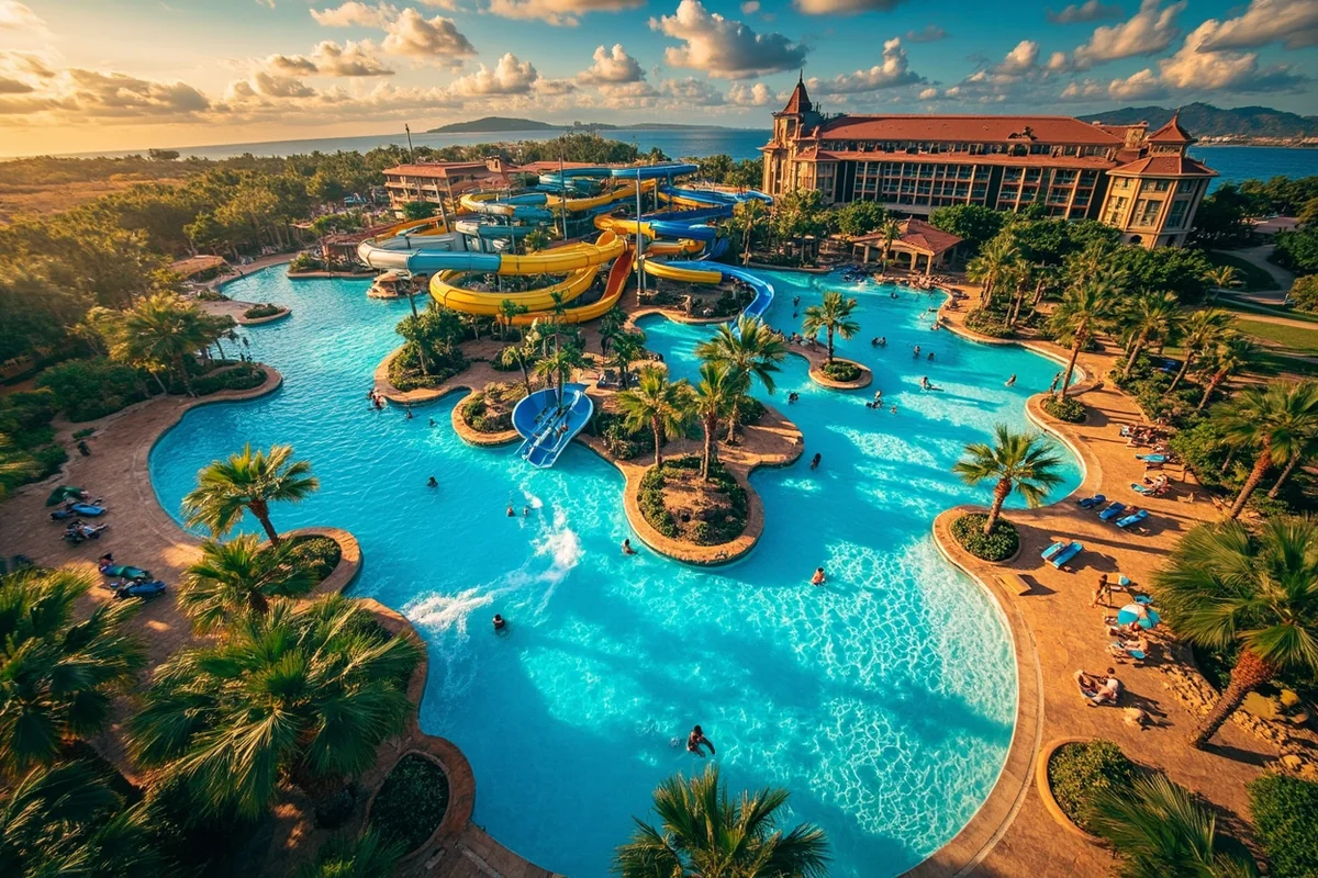 Wide aerial view of Oasis Waterpark showing the main slide complex and wave pool