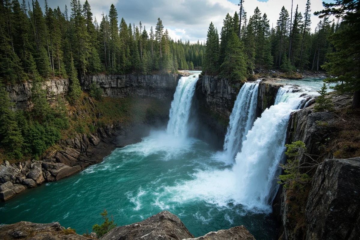 Wide-angle photograph showing Holland Lake Falls with surrounding forest and rocky outcroppings, taken from the main viewpoint