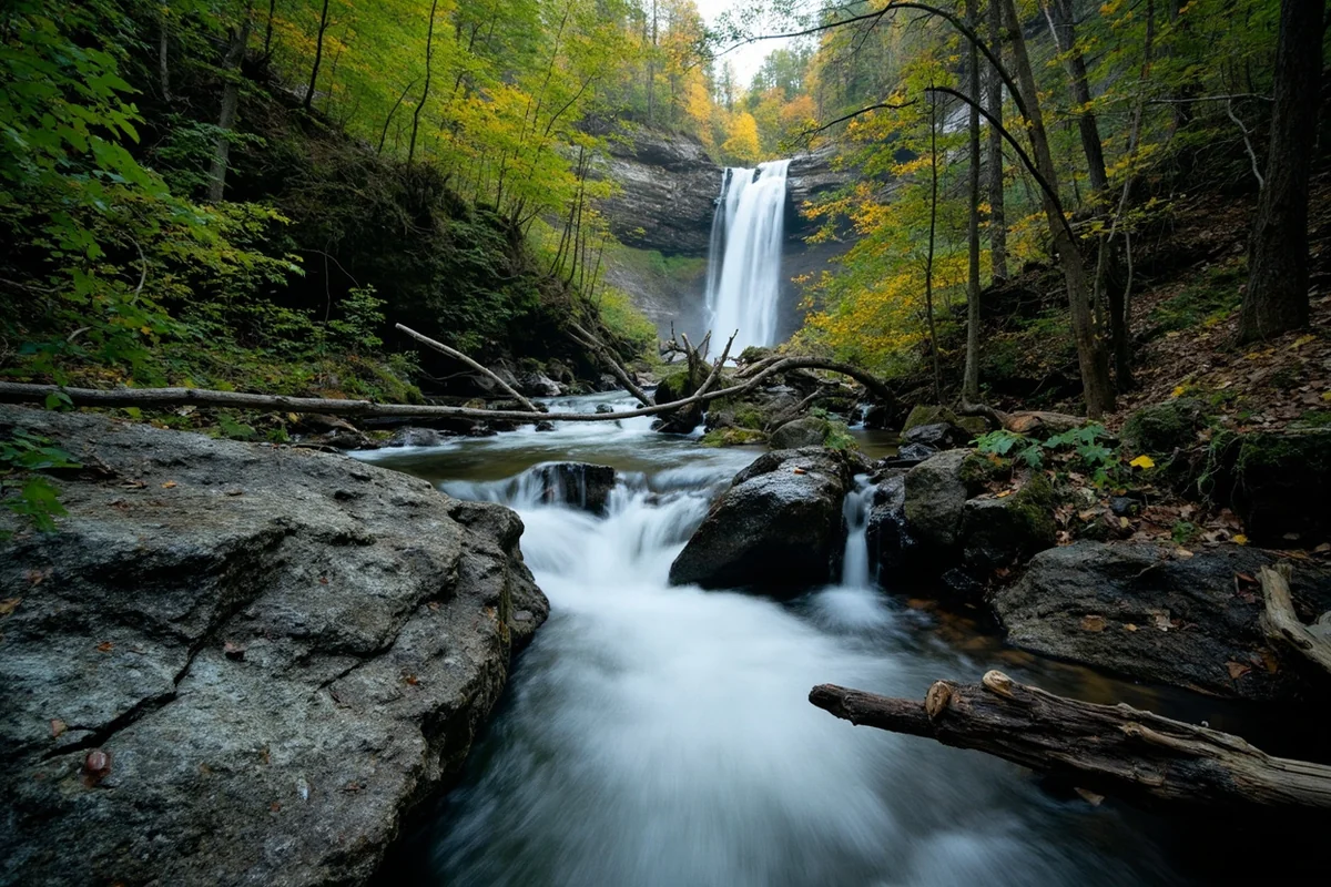 Wide angle shot of entire Horsetail Falls setting showing forest, rocks, and cascade in context