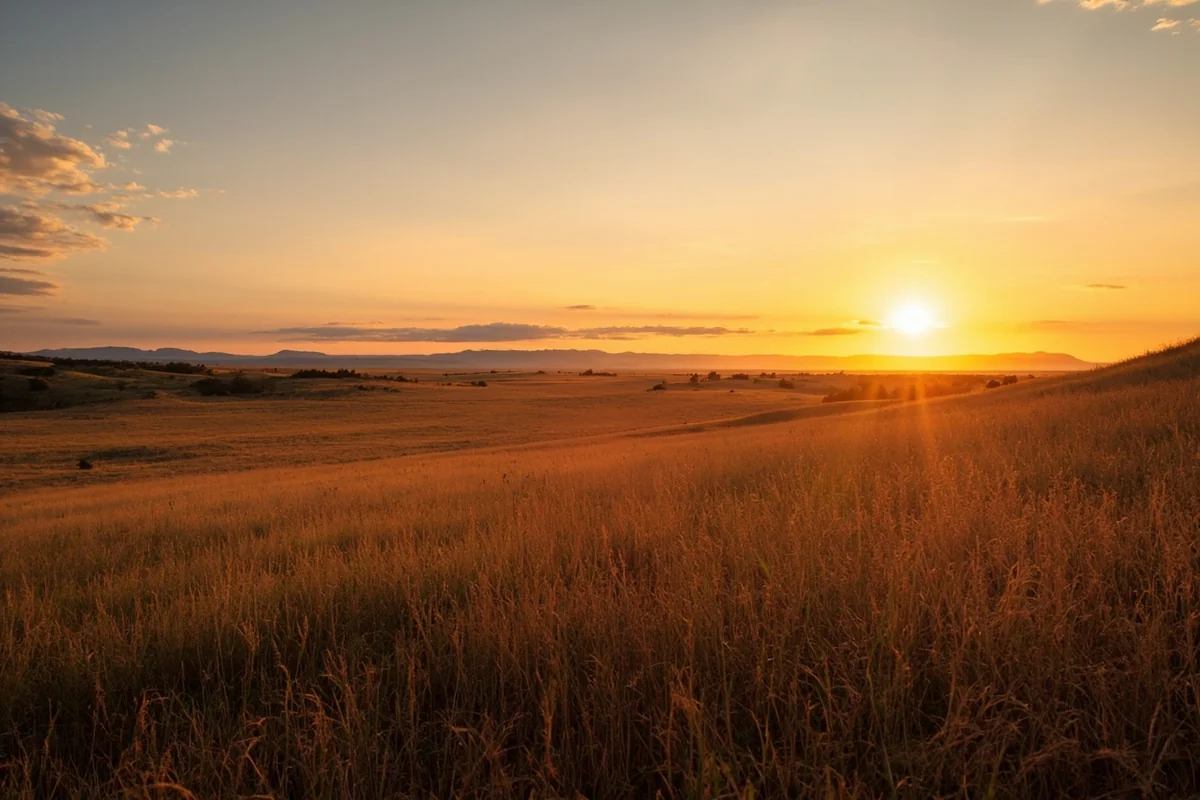 Wide-angle shot of Montana prairie at sunrise with rolling grasslands and distant buttes near Malta