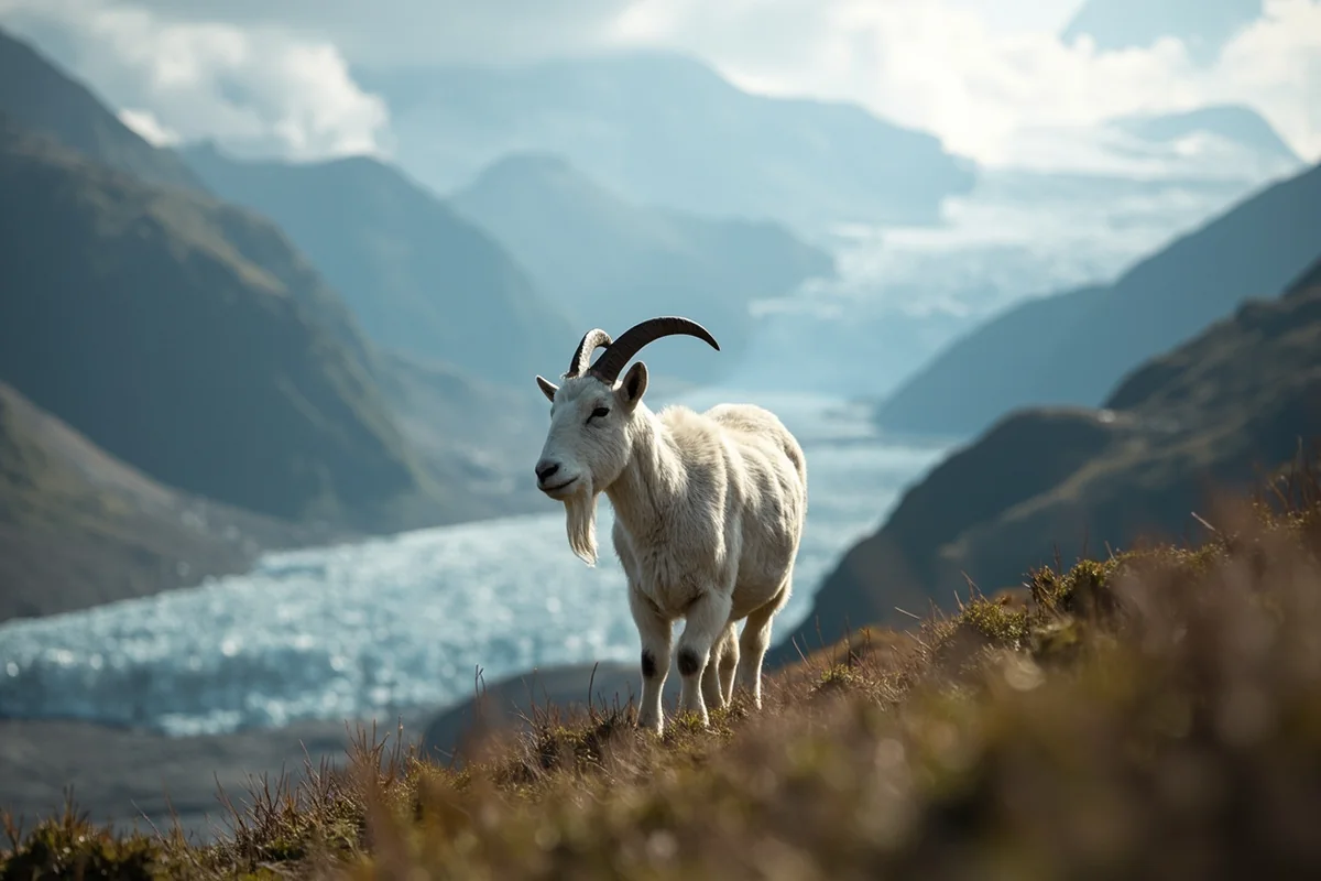 Wide-angle shot of mountain goat with dramatic alpine backdrop and glacier