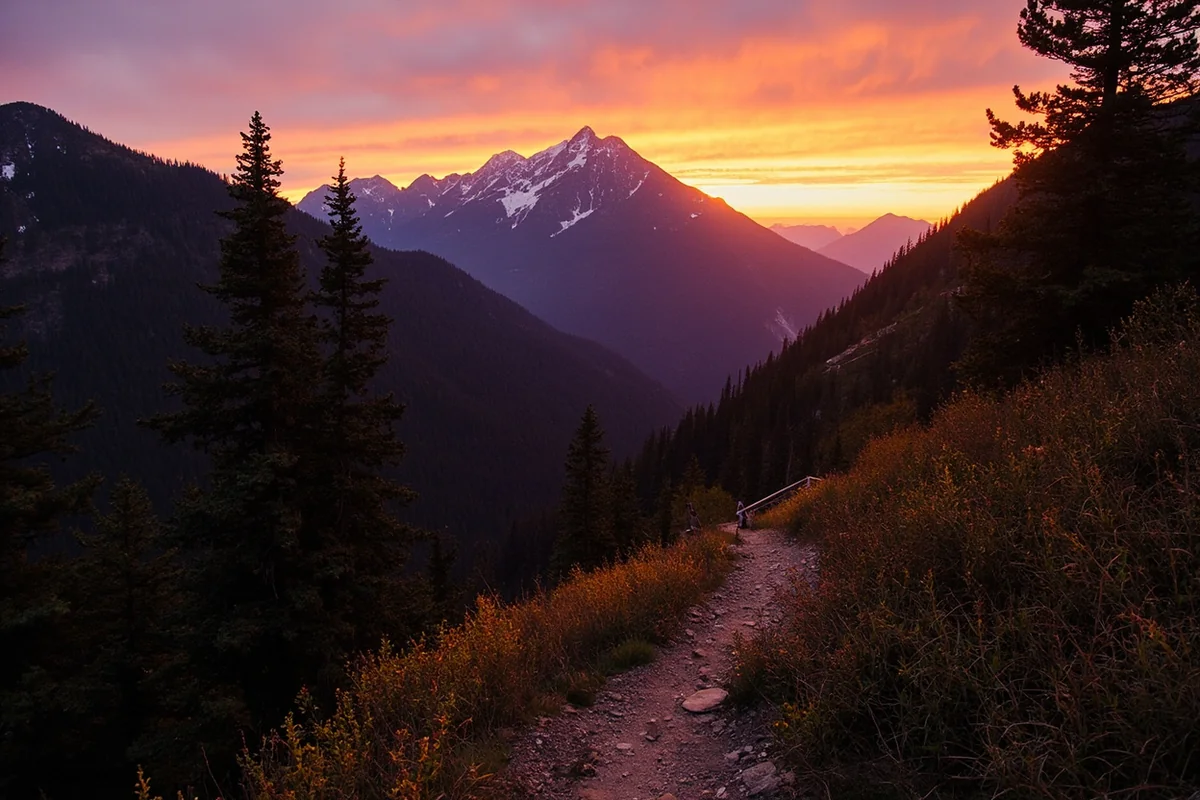 Wide-angle sunset view from the trail returning from Salamander Falls with alpenglow on distant peaks