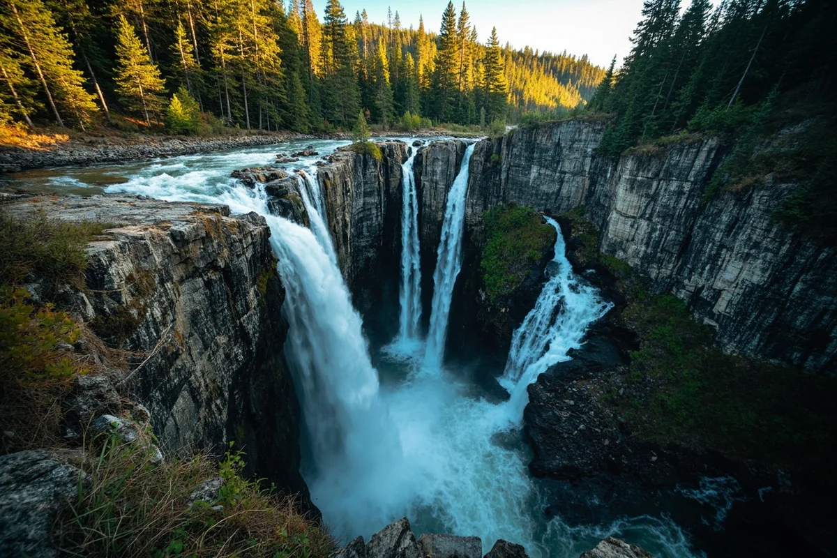 Wide-angle view of Memorial Falls showing the surrounding canyon walls and forest