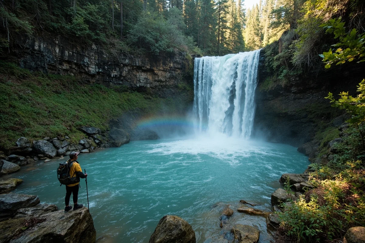 Wide-angle view of Paradise Falls pool with hiker for scale