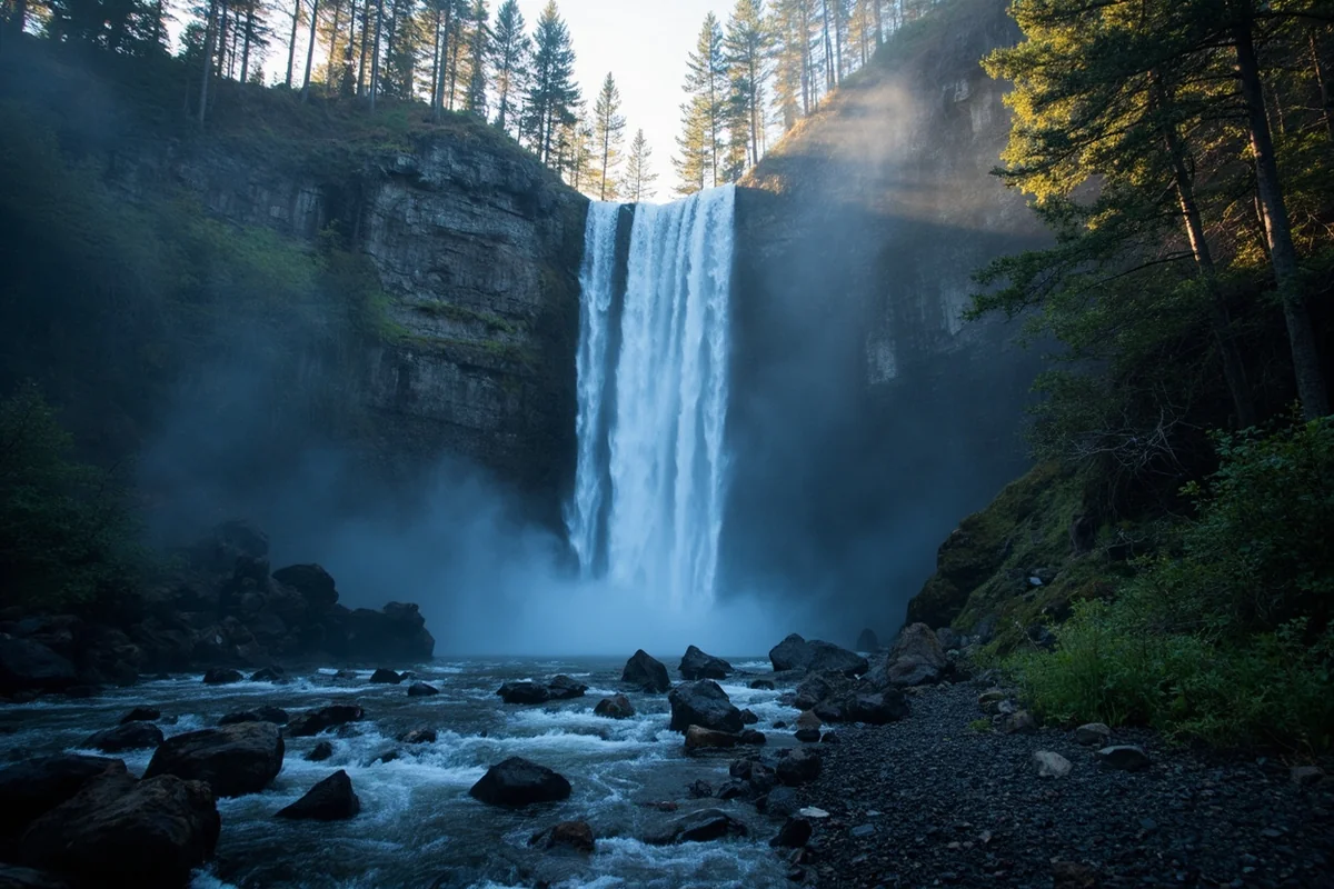 Wide establishing shot of Raven Quiver Falls cascading down dark rock face with morning mist