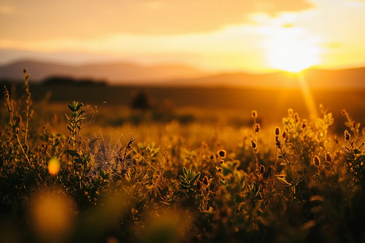 Wide landscape shot of a Montana meadow at golden hour with subtle spider webs visible in the foreground vegetation