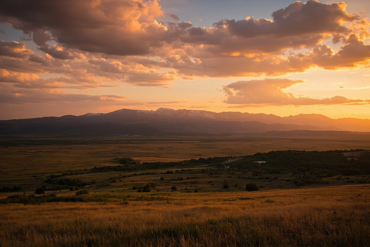 Wide landscape shot of Montana ranch valley at golden hour with dramatic sky