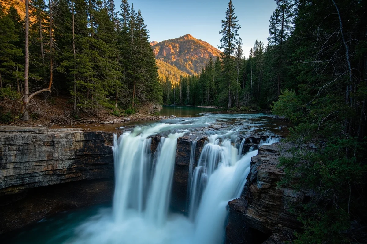 Wide landscape shot of Passage Creek Falls cascading through forested canyon