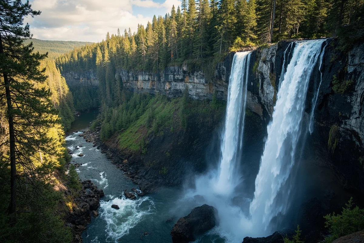 Wide panoramic shot of Martin Falls cascading down rocky cliff face with surrounding forest
