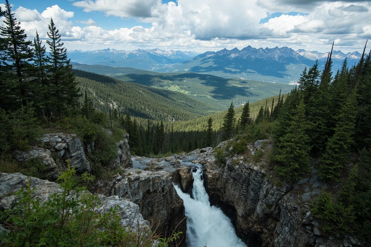 Wide panoramic view from near Oberlin Falls showing alpine landscape and distant peaks