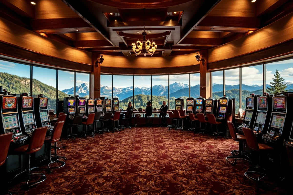 Wide shot of a Montana casino floor with mountain views through windows, showing slot machines and casual atmosphere