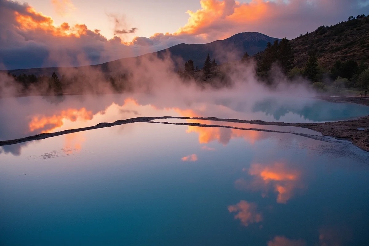 Wide shot of Chico Hot Springs pools with the Absaroka Mountains rising dramatically in the background, steam rising from the water, ideally at sunset