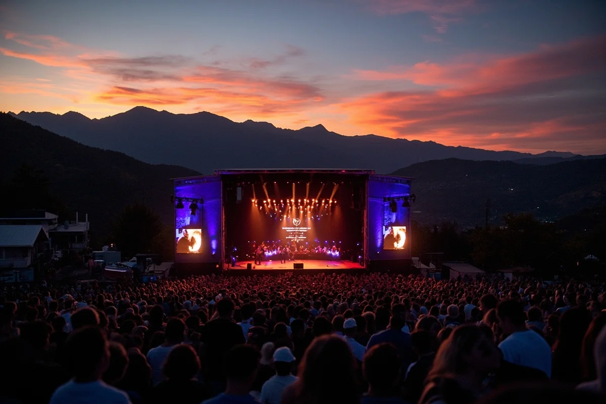 Wide shot of full venue during performance with mountains silhouetted against evening sky