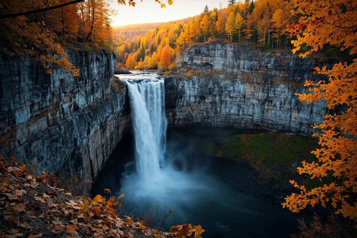 Wide shot of Lange Falls cascading down rocky cliff face with autumn foliage framing the scene