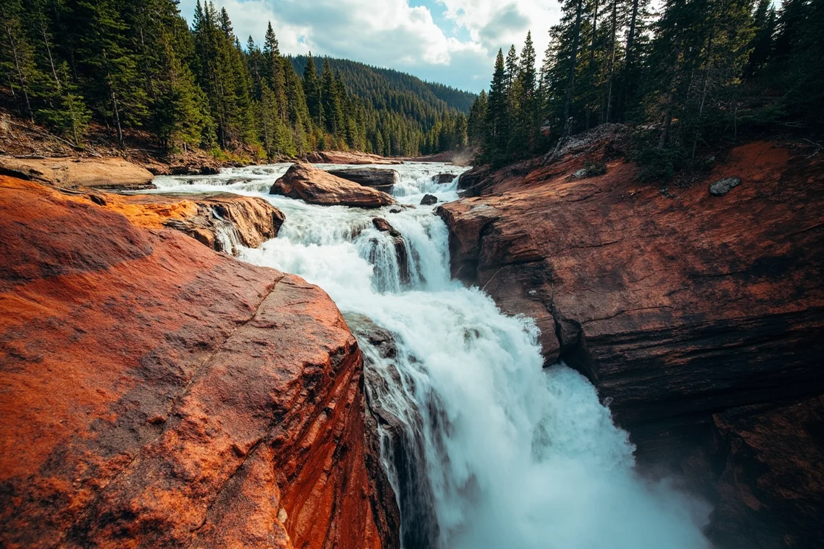 Wide shot of McDonald Falls cascading through red argillite rocks with evergreen forest backdrop