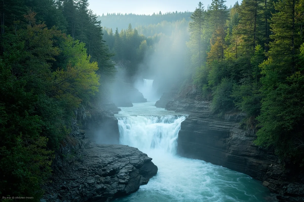 Wide shot of Mill Falls cascading through forested canyon with mist rising
