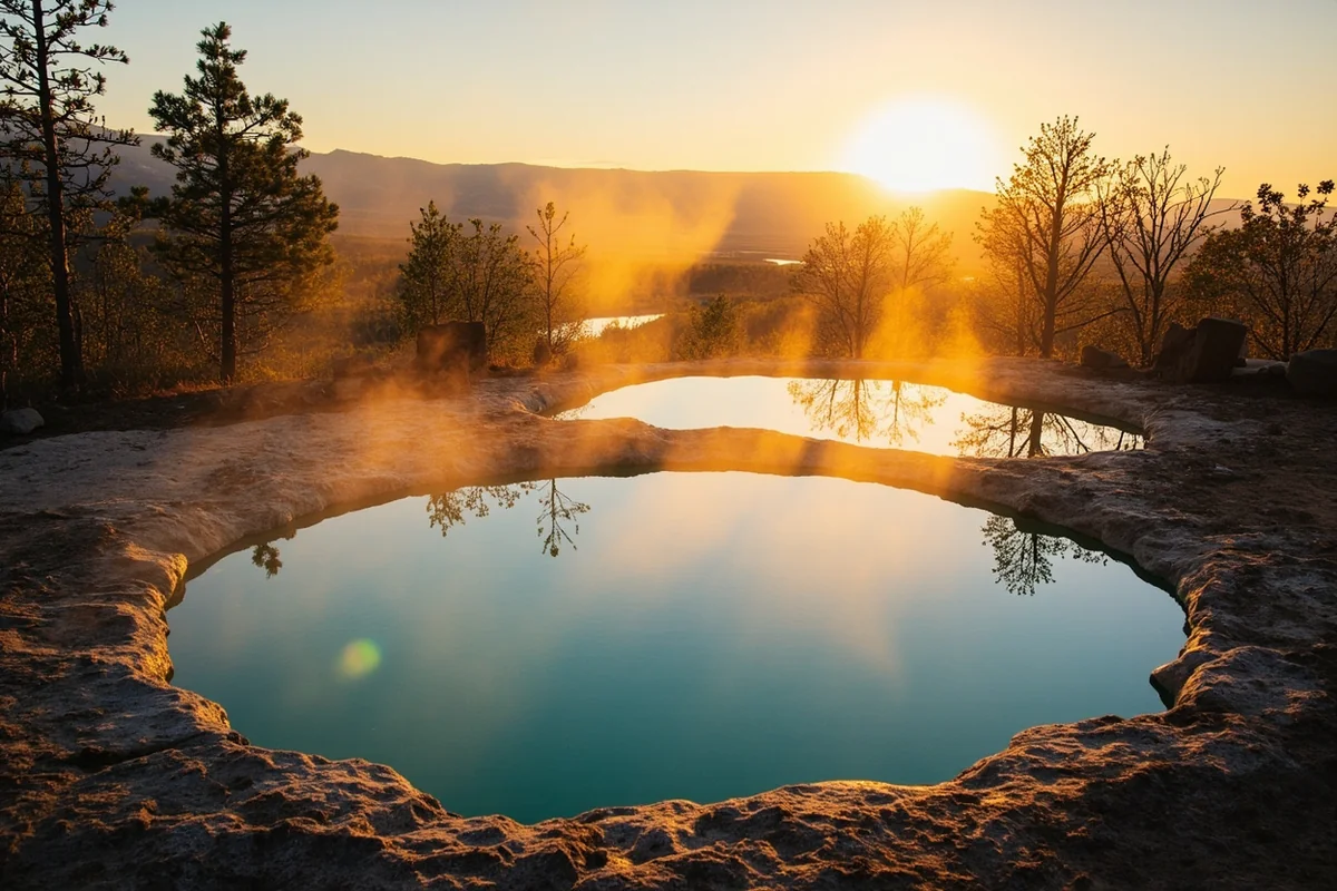 Wide shot of Renova Hot Springs pools with the Jefferson River and cottonwood trees in the background during golden hour
