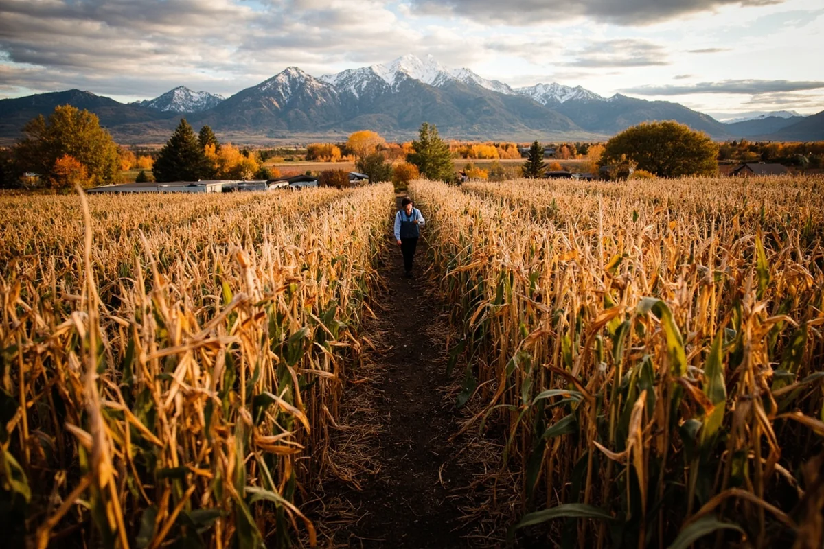 Wide shot of Rocky Creek Farm corn maze with Bridger Mountains visible in the background during peak fall foliage
