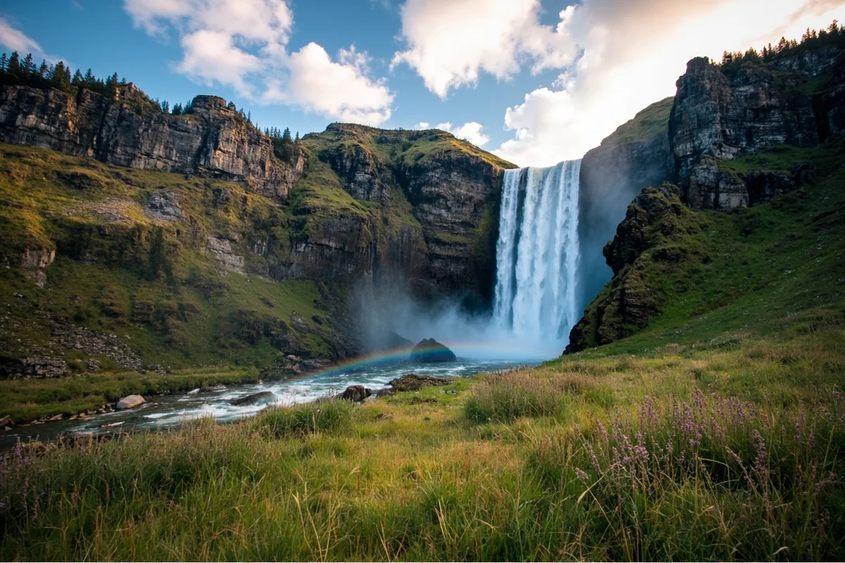 Wide shot of Siksika Falls cascading down rocky cliff face with alpine meadows in foreground