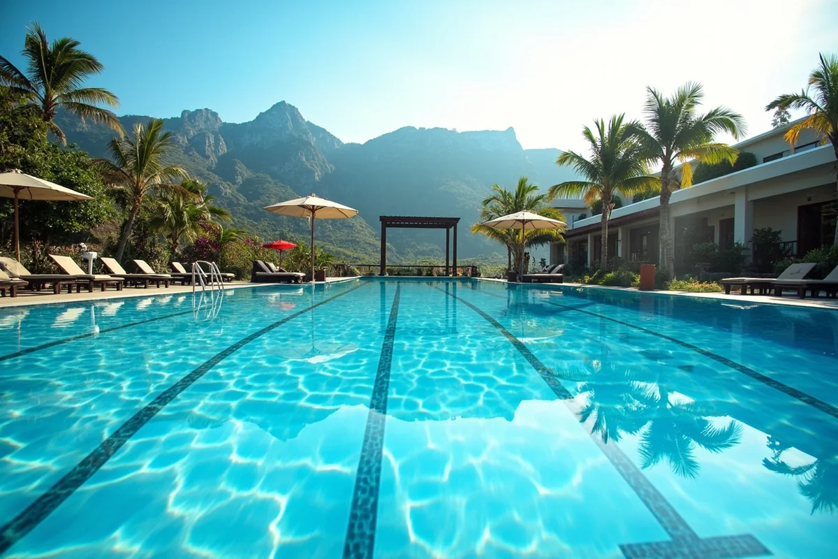Wide shot of the pool area showing the mountain backdrop and general atmosphere of the setting