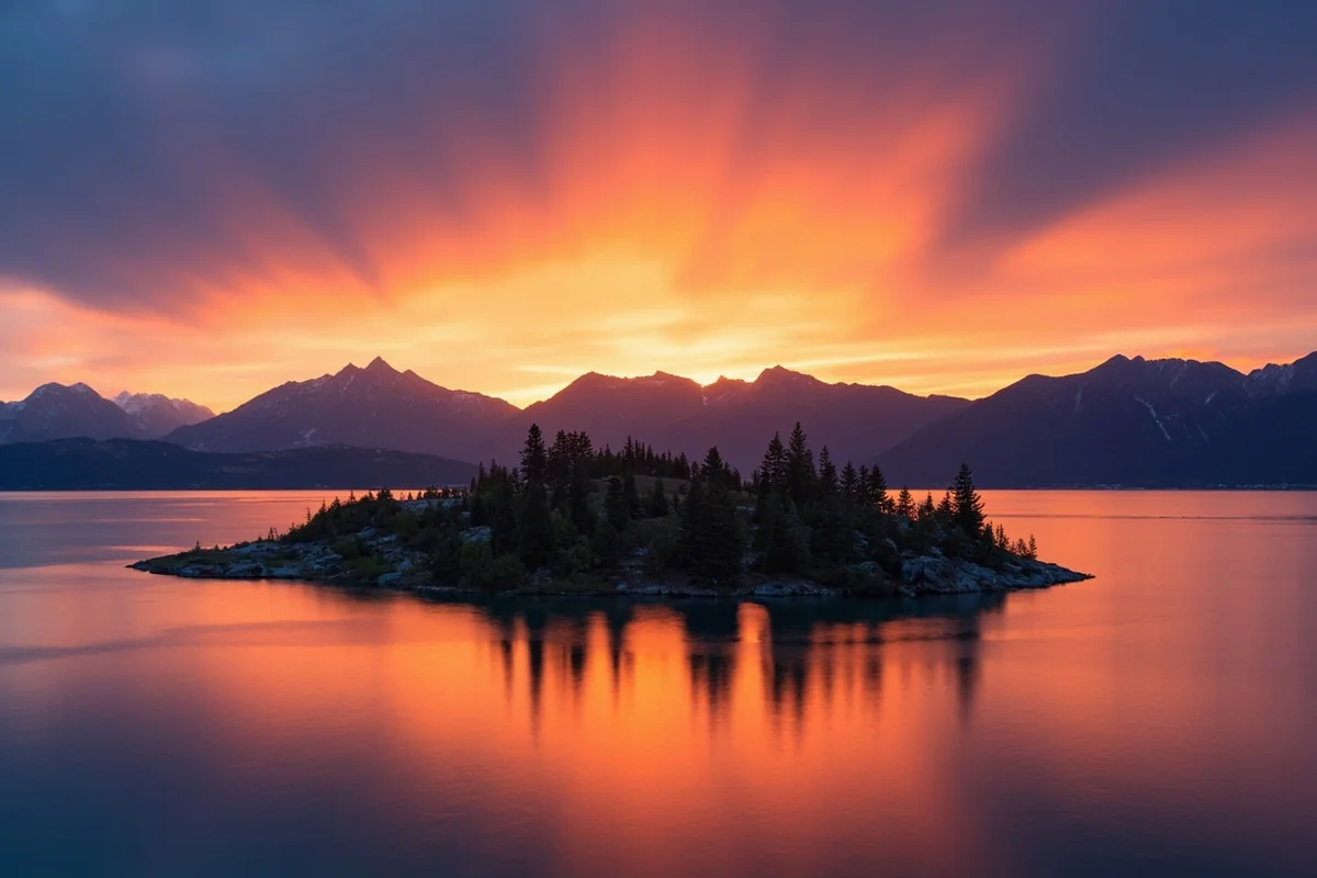 Wild Goose Island on St. Mary Lake with dramatic mountain backdrop at sunset