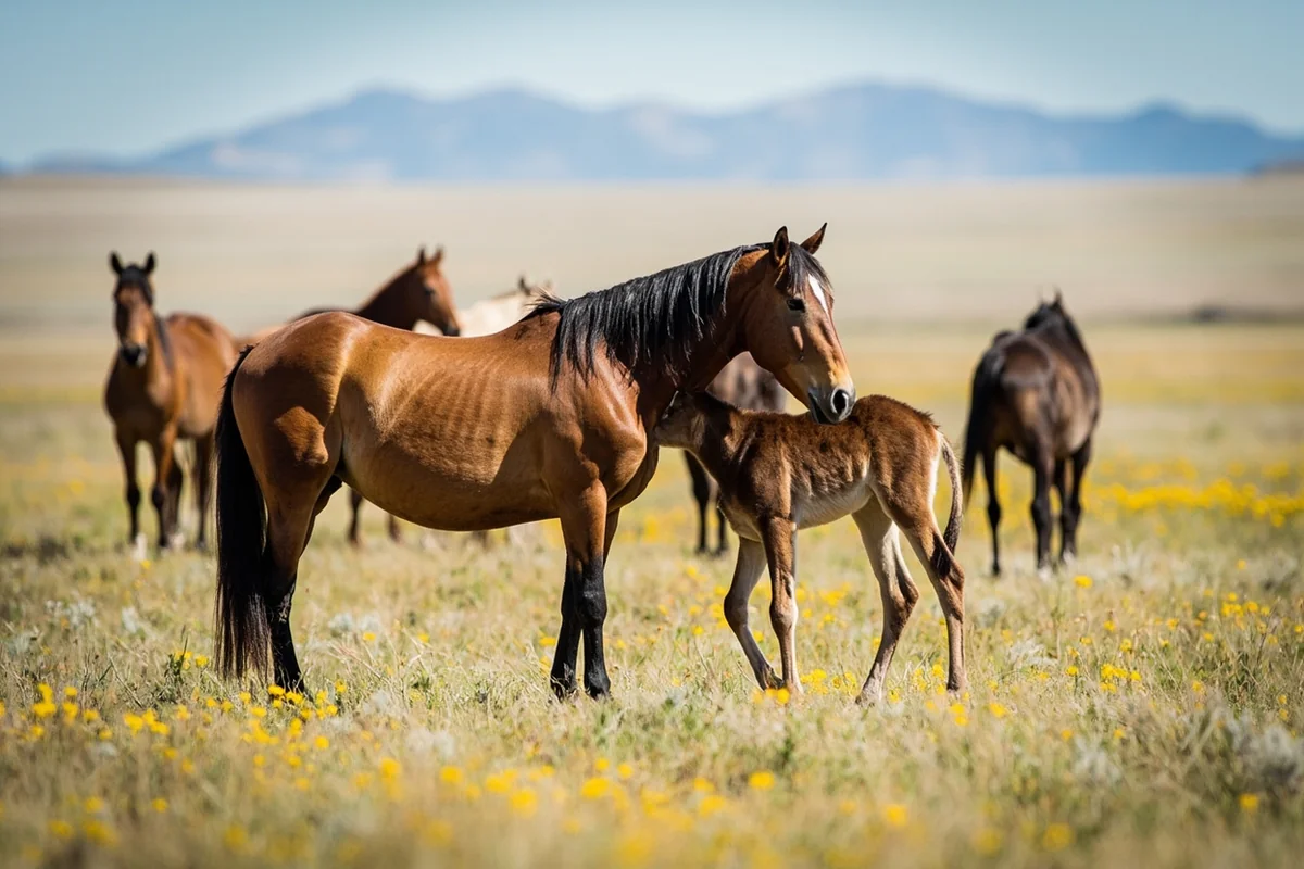 Wild horse band with foal in spring meadow setting in the Pryor Mountains