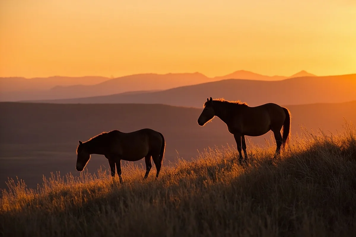 Wild horses grazing on a Pryor Mountain ridge at sunset with Montana landscape in background
