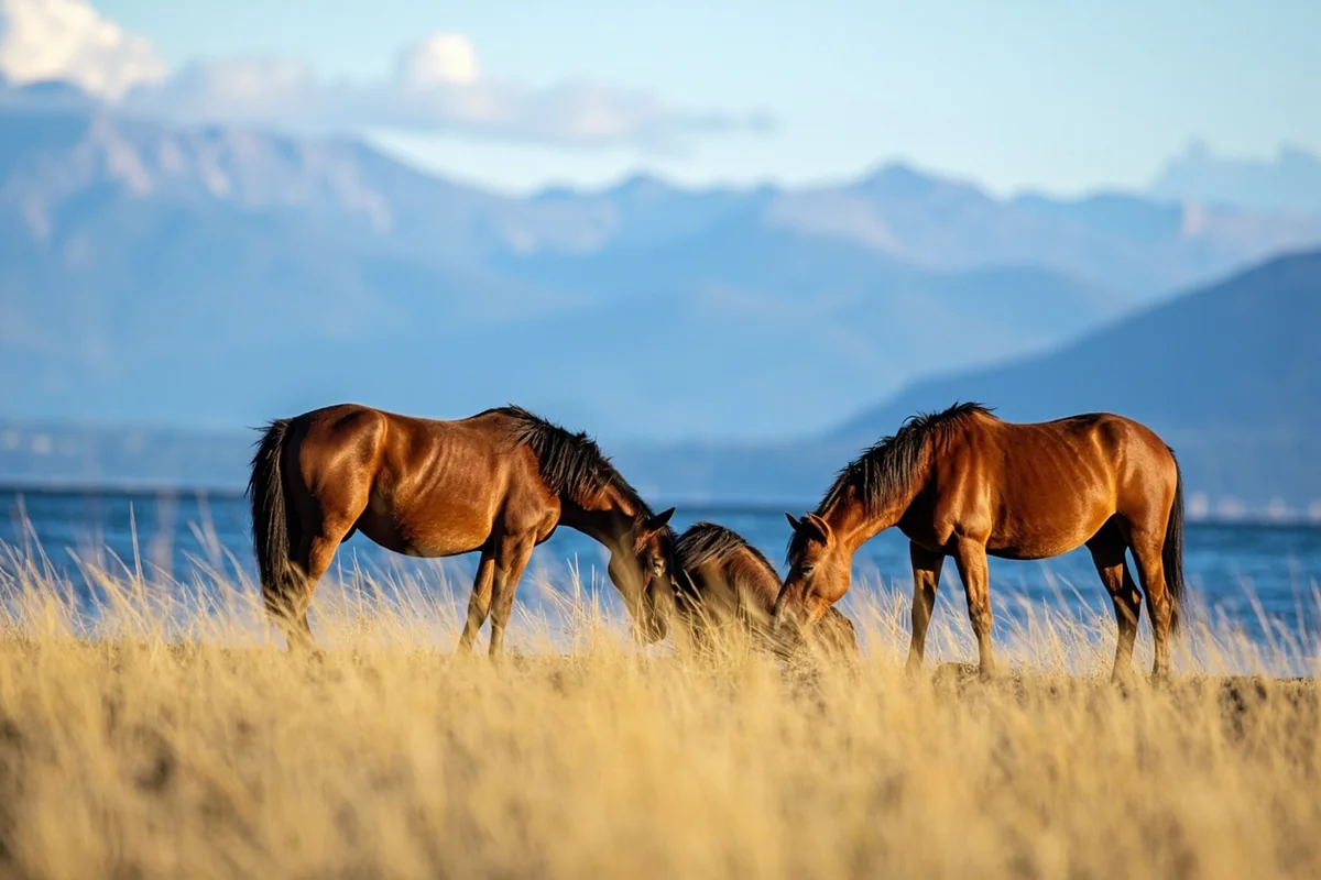 Wild horses grazing on Wild Horse Island with Flathead Lake and Mission Mountains in background