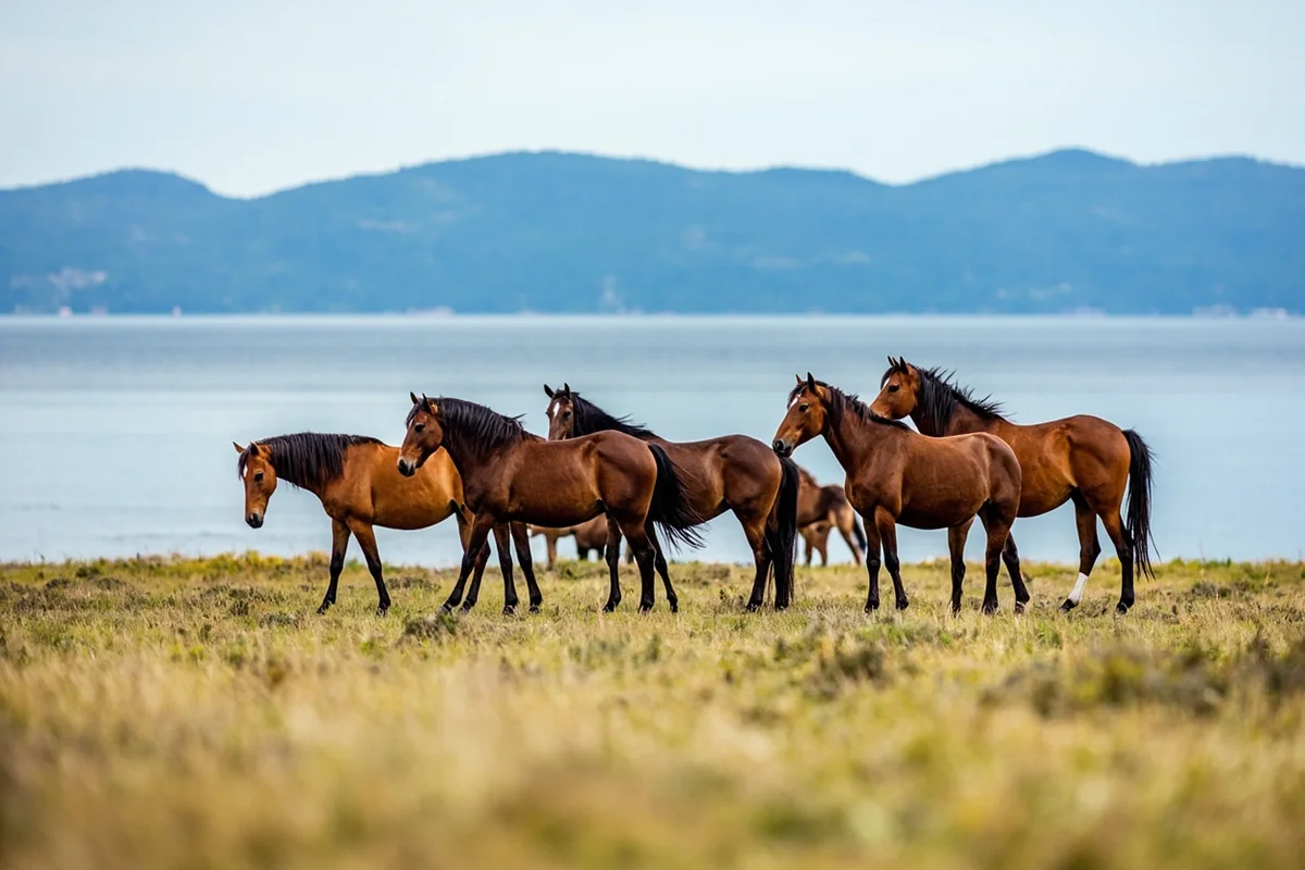 Wild horses grazing with Flathead Lake in the background on Wild Horse Island