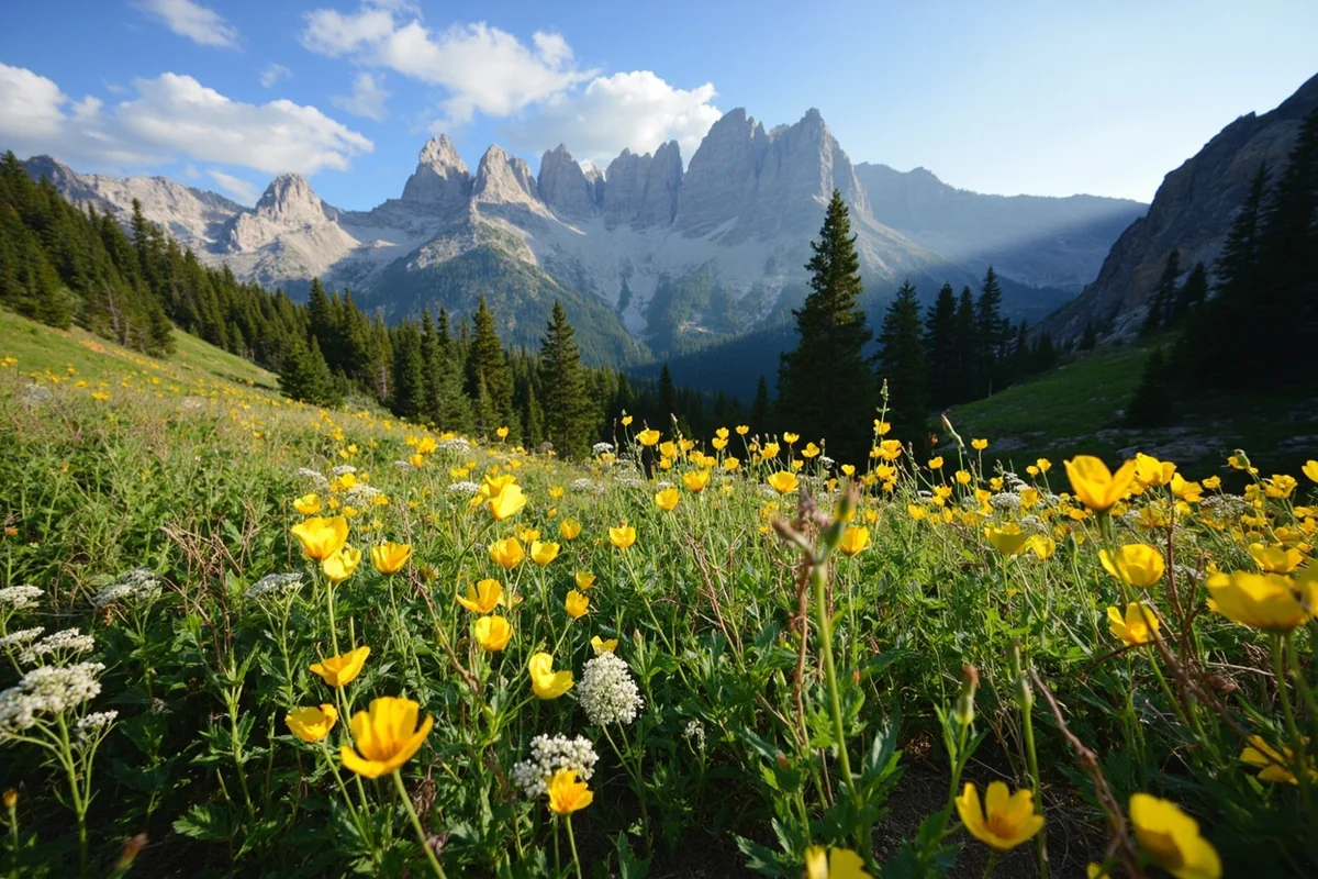 Wildflower-filled meadows along the first mile of trail with mountain peaks in background
