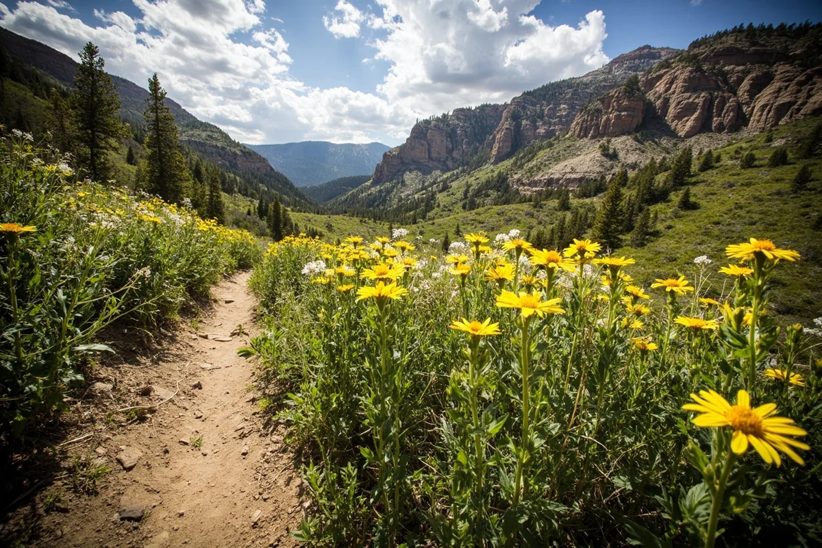Wildflower-lined hiking trail through Maud S Canyon near Butte