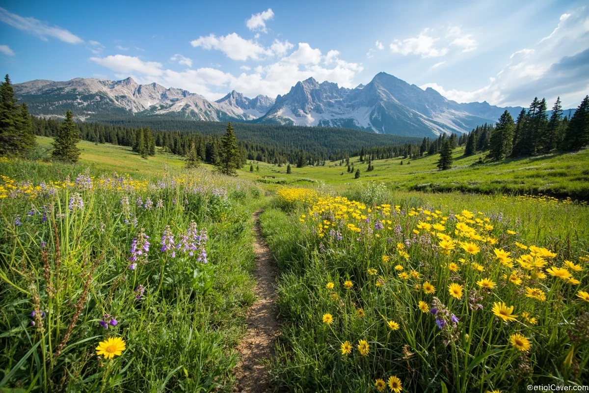 Wildflower meadow along the Blacktail Creek Trail with mountains in background